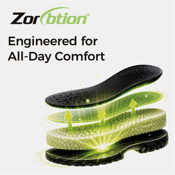Tecnología de amortiguación Zorption™ para absorción de impactos y comodidad durante todo el día en calzado de seguridad