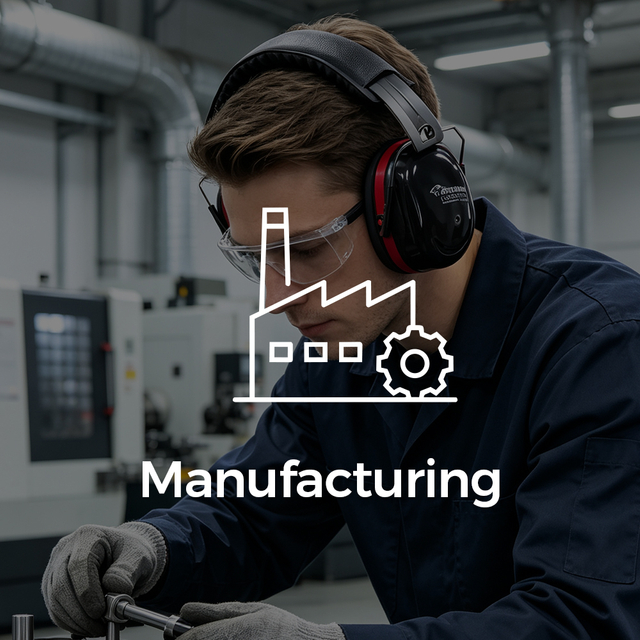 Trabajador de manufactura usando orejeras de protección auditiva