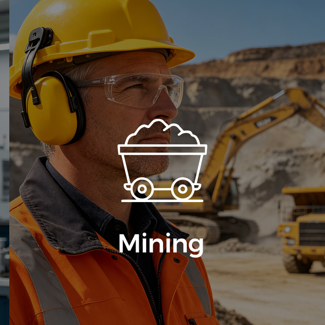 Trabajador de minería usando orejeras de protección auditiva