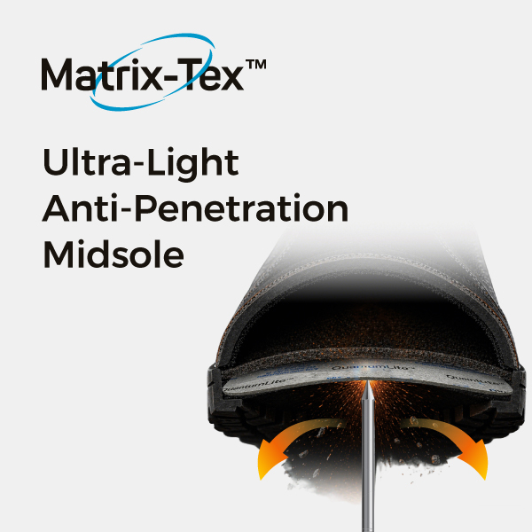Tecnología de entresuela antipenetración ultraligera Matrix-Tex™ para calzado de seguridad resistente a pinchazos